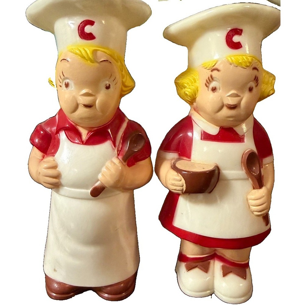 Vtg Campbell's Soup Kids Chef Salt Pepper Shakers Plastic Red White 4.5" EUC